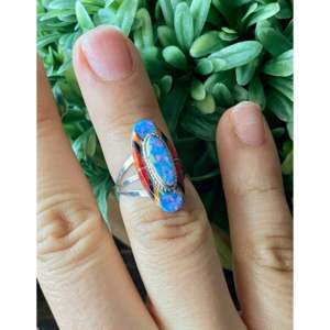 Navajo Handmade Cultural Collectible Ring Multi-Stone & Sterling Silver Inlay Size 4.75 - Product Image 2
