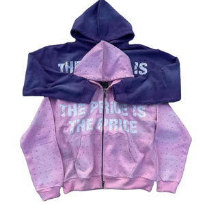 Sudadera con capucha unisex estampada y bordada, con cremallera frontal, de algodón tejido, informal, holgada, oversize, para invierno, color rosa - Product Image 1