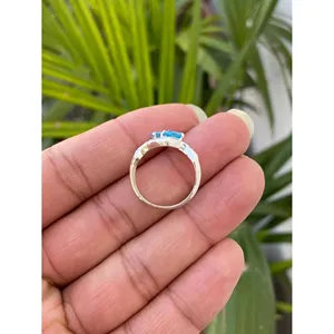 <b>925</b> <b>Silver</b> for Swiss Blue Topaz <b>Ring</b> Geometric Gemstone Jewelry for Engagement Platinum Rhodium Plated with Rhodium Inlay - Product Image 4
