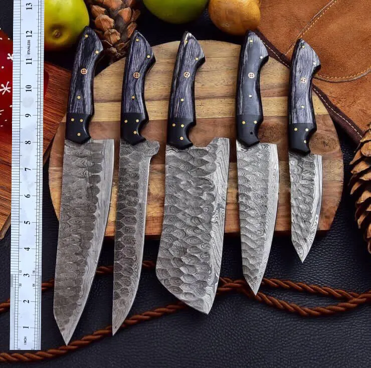 Professional 5pcs Slicer Chef Knife Sets Damascus Steel Set Kitchen Knives with Leather sheath Forged Blade Knives