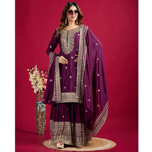 Trabajo de secuencia de bordado pesado elegante de alta calidad Nuevo Chinnon Silk Listo para usar Conjunto de Sharara Kurti completamente cosido con Dupatta - Product Image 1