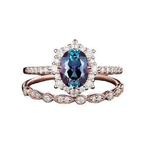 925 Plata de Ley 14K chapado en oro rosa Floral forma ovalada alejandrita Halo anillo de compromiso conjunto anillo de boda de piedra natal - Product Image 1