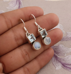 Pendientes de aro de boda minimalistas chapados en rodio de Plata de Ley 925 con Topacio azul natural y piedra lunar arcoíris para mujer - Product Image 6
