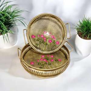 Modern Antique Metal <b>Tray</b> Set Intricate All-Over Engraved Design with Pichwai Painting Handcrafted Set of 2 <b>for</b> Gifting - Product Image 2