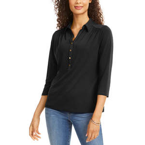 Polo da donna Charter Club in maglia nera, traspirante, in poliestere e seta, stile casual sportivo, corta, ricamata, taglia L - Product Image 1