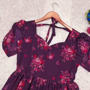 ชุดเดรสแบบชิ้นเดียวแขนยาวพิมพ์ลายดอกไม้สำหรับผู้หญิงชุดเดรสผ้าไหมสำหรับงานแต่งงานงานปาร์ตี้สไตล์อินเดียสำหรับผู้ใหญ่ - Product Image 4