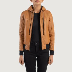 Chaqueta bomber de cuero con capucha marrón de alta calidad personalizada con cuello levantado, posición de logotipo frontal de fabricación OEM profesional de invierno - Product Image 2
