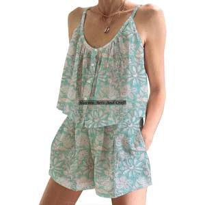 Conjunto de Pijama Corto con Mangas con Volantes Estilo Boho Hippie para Mujer, Algodón Indio, Primavera/Verano, Floral, Ajustado, con Tirantes, Sin Mangas - Product Image 2