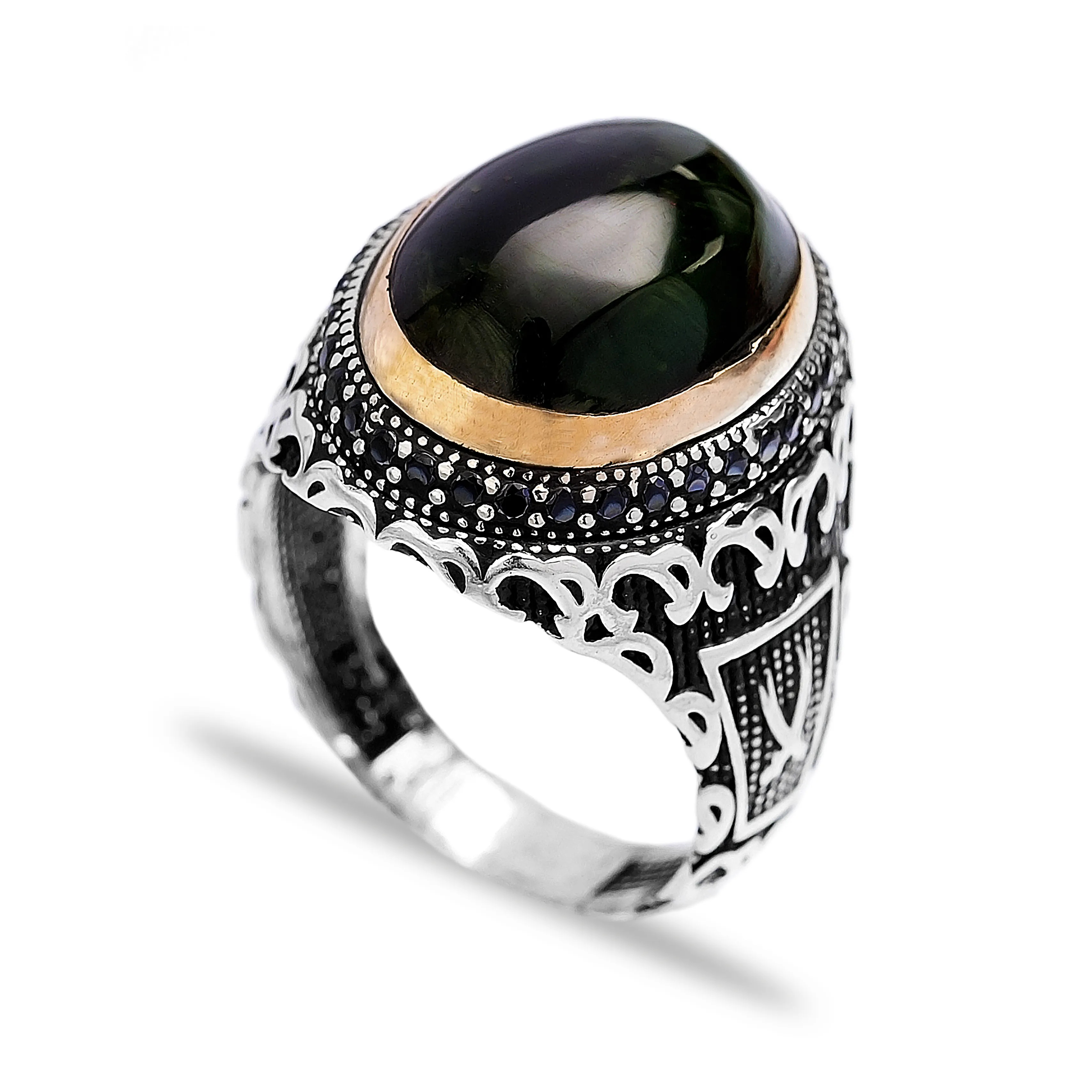แหวนเงินแท้แบบตุรกีสำหรับผู้ชาย,แหวนออตโตมันดีไซน์แบบดั้งเดิมหินโมรารูปไข่