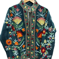 Yüksek Kalite %100 Pamuklu Kadife Suzani İşlemeli Çiçek Desenli Çevre Dostu Boho Hippi Hint Unisex Kadın Kışlık Ceket Rüzgar Geçirmez