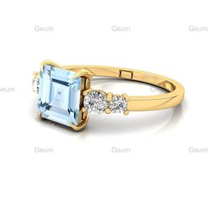 Solid 18k oro giallo anello solitario pavimentato <span class=keywords><strong>gioielli</strong></span> <span class=keywords><strong>con</strong></span> diamante taglio principessa naturale <span class=keywords><strong>acquamarina</strong></span> gemma e 0.32 reale cts diamanti - Product Image 3