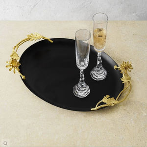 Nouveau plateau brillant poli de forme carrée décoratif en acier inoxydable de luxe avec poignées de fleur en laiton - Product Image 3