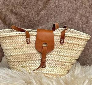 Sac en paille fait main pour femmes, sac panier tissé naturel avec poignée en cuir - Product Image 3