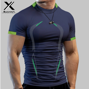 เสื้อยืดกีฬาแขนสั้นทรงสลิมฟิตสำหรับผู้ชาย ElevateX International ลายพิมพ์เรขาคณิต แห้งเร็ว คอกลม ผ้าถักโพลีเอสเตอร์ สีน้ำเงินเขียว - Product Image 1