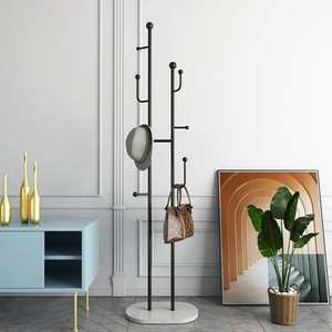 Modern dual-pillar <b>coat</b> <b>rack</b>, sleek black metal, marble base, available at wholesale prices. - Product Image 1