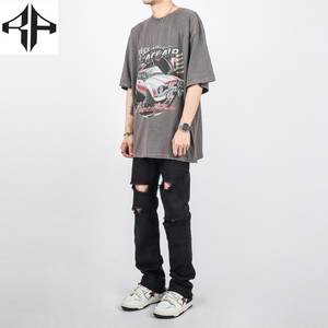 Transferencia de calor impreso de punto lavado hombres transpirable algodón recto pierna ancha holgado alta calidad al por mayor Regular Fit Denim - Product Image 6