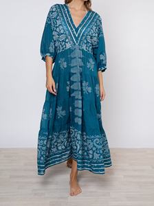 Bohemian V-Neck Floral Print Jersey Maxi <b>Dress</b> with Puff Sleeves Loose Mid-<b>Calf</b> Casual 100% Cotton Eco-Friendly A-Line for Women - Product Image 2