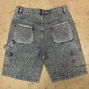 Short en jean baggy délavé vintage pour homme Short tout en strass Streetwear Jorts respirant Cargo à strass - Product Image 2