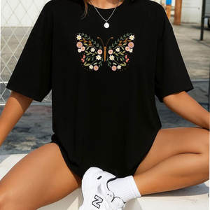 Camiseta de Algodón con Estampado de Flores para Mujer, Top Ajustado Rosa Elegante, Ropa Casual de Calle, Perfecta para Uso Diario, Personalizable - Product Image 6