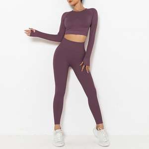 Ensemble de gymnastique 2 pièces pour femmes haut à manches longues Leggings taille haute extensible dans 4 sens pour l'entraînement Yoga Fitness Training Motif solide - Product Image 1