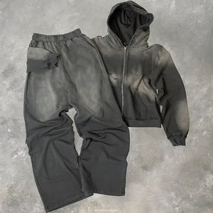 Conjunto de Ropa de Invierno, Sudadera con Capucha y Cordón, Estilo Lavado Ácido, Pantalones Deportivos Acampanados con Dobladillo Deshilachado, Estilo Vintage Urbano, Conjuntos Personalizados - Product Image 1