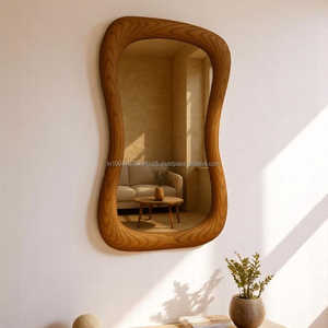 Miroir mural KALATRI de style antique, fait main, écologique, léger, design ondulé irrégulier, cadre en bois de noyer véritable, art - Product Image 1