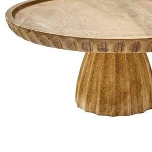 Support à gâteau moderne en bois de manguier naturel sculpté à la main, plateau rond à dessert avec bord festonné pour hôtels et cuisines - Product Image 5