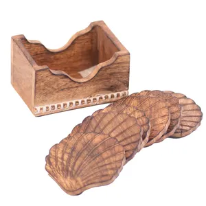 Kezevel Wooden Coasters Mango Wood Artistically Handcrafted Seashell Design Set of 6 with <b>Holder</b> for Serving Coaster <b>Plate</b> - Product Image 4