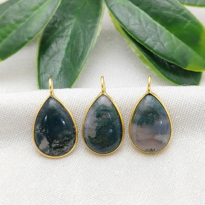 Colgante de lágrima de ágata de musgo liso, conjunto de bisel chapado en oro, conector de piedras preciosas para DIY, collar cristiano, fabricación de joyas de diamantes - Product Image 1