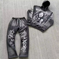 ACID WASHED Survêtement en détresse broderie logo 450gsm Survêtement Pour Hommes évasé à capuche et pantalons de survêtement Ensembles survêtements à fermeture éclair