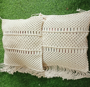 <b>Set</b> of 2 Macrame Boho Knitted Pillow Cover, Handmade Bohemian Cotton Decorative <b>Cushion</b> Cover - Product Image 1