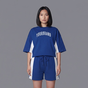Ensemble 2 pièces décontracté d'été de haute qualité pour femme, avec logo imprimé DTF personnalisé, 100 % coton, au-dessus du genou, style streetwear - Product Image 1