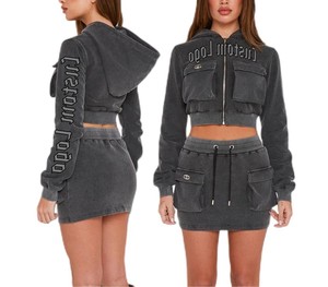 2024 Oem Custom logo Acid Wash 2 <b>Pcs</b> Sweatpants and Hoodie Set Women Crop Top Jacket and <b>Mini</b> Skirt Outsuit - Product Image 1