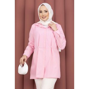 Chemise décontractée en popeline tricotée pour femme Alin, taille XL, boutonnée, imprimé simple et tendance, plissée, tissée, longue, vêtement d'été rose - Product Image 2