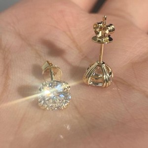 Boucles d'oreilles clous en diamant rond de 1 carat cultivé en laboratoire, or massif 14 carats, diamant rond taille brillant, boucles d'oreilles à fermoir poussoir, forme circulaire, port quotidien - Product Image 2