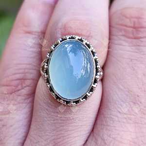 Geometric Pattern Chalcedony <b>Silver</b> <b>Ring</b> Handmade Natural Blue Chalcedony Jewelry <b>Statement</b> Gift for Her - Product Image 2