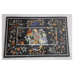 Hermosa forma Rectangular de mármol negro hecho a mano con piedras naturales Diseño de incrustaciones florales Mesa de comedor para decoración del hogar - Product Image 1
