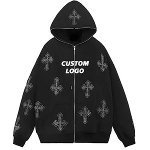 Custom Logo 100% Cotton French Terry Printed Rhinestone <b>Black</b> Hoodies Men Blank Oversized Full Face Zipper <b>Zip</b> <b>up</b> <b>Hoodie</b> Custom - Product Image 5