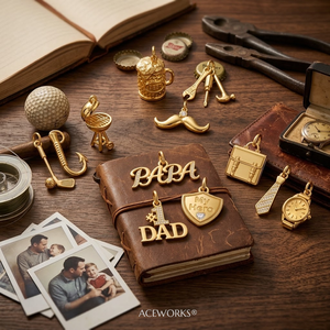 Charmes de papa |   Pendentif en acier inoxydable plaqué or PVD 18K pour homme, avec breloques outils, bière, golf, pêche, barbecue, grill, cravate, montre – Cadeau Fête des Pères - Product Image 2
