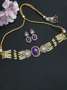 Purple Stone <b>Kundan</b> Choker Necklace Purple Diamond <b>Jewelry</b> Set Bollywood Inspired Designer Necklace Royal Wedding <b>Jewelry</b> - Product Image 5
