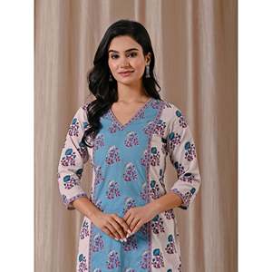 Grey Blue Block Printed Cotton Straight Fit Kurti Casual Style with Natural Waistline Breathable Feature - Product Image 1