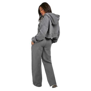 ชุดวอร์ม2ชิ้นแบบเต็มตัวมีซิปมีฮู้ดระบายอากาศได้ดีสำหรับผู้หญิงชุดวิ่งเอวยางยืดทรงหลวม - Product Image 6