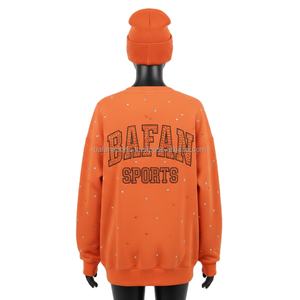 Sudadera de Mujer de Algodón y Felpa Color Naranja con Detalles de Pedrería, Bordado con Logotipo Personalizado, Estilo Deportivo, Transpirable - Product Image 2