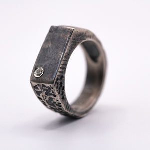 Handmade 925 Sterling Silver Vintage Oval Cut Lab Grown Diamond Certified <b>Ring</b> Black Rhodium Plated Textured Organic Unisex Band - Product Image 1