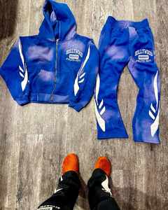 Survêtement personnalisé en éponge française Jogger Sets Tracksuits Distressed Patch Applique Raw Hem Flared Sweatpants and Hoodie Set for Men - Product Image 5