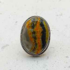 พลอยแจสเปอร์ผึ้งทรงกลมรี925สไตล์โบฮีเมียนทำด้วยมือแหวนสำหรับช่างฝีมือแหวนหมั้นสำหรับงานแต่งงาน - Product Image 3