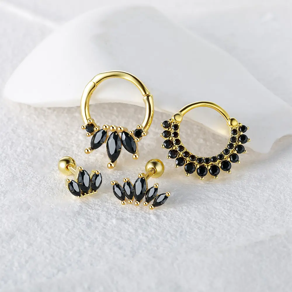 CANNER Venta al por mayor minimalista negro piedra pendientes joyería 18K chapado en oro S925 plata negro circón Stud aro pendientes conjunto