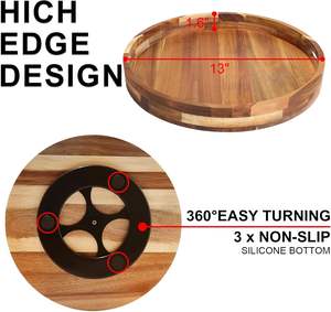 Grand plateau tournant en bois d'acacia avec double poignée, organisateur d'épices, durable, léger, écologique, pour bouteilles et bocaux de rangement - Product Image 5