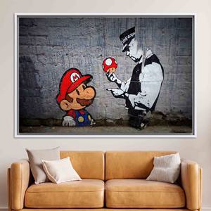 Toile de graffiti Banksy : Impression Super Mario et Policeman, TOILE ENCADRÉE BLANCHE - Product Image 1