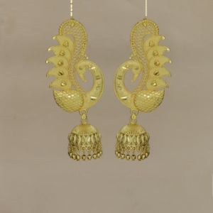 Boucles d'oreilles longues Jhumka traditionnelles en alliage plaqué or, motif paon, pour femme, ensemble de bijoux ethniques indiens pour mariage et mariée - Product Image 1